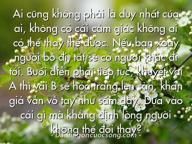 Ai cũng không phải là duy nhất của ai, không có cái cảm giác không ai có thể thay thế được. Nếu bạn xoay người bỏ đi, tất sẽ có người khác đi tới. Buổi diễn phải tiếp tục, khuyết vai A thì vai B sẽ hóa trang lên sàn, khán giả vẫn vỗ tay như sấm dậy. Dựa vào cái gì mà khẳng định lòng người không thể đổi thay?