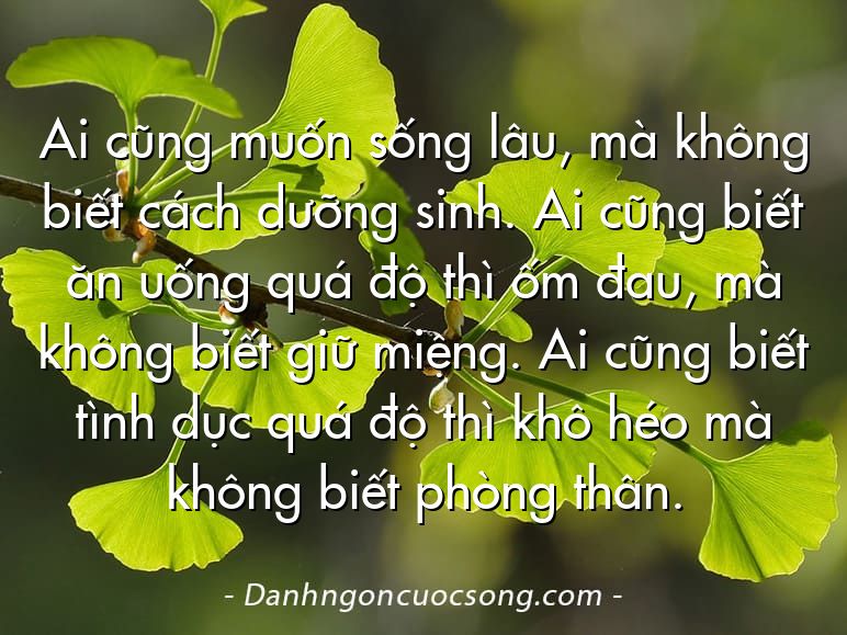 Ai cũng muốn sống lâu, mà không biết cách dưỡng sinh. Ai cũng biết ăn uống quá độ thì ốm đau, mà không biết giữ miệng. Ai cũng biết tình dục quá độ thì khô héo mà không biết phòng thân.