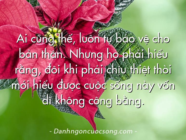 Ai cũng thế, luôn tự bảo vệ cho bản thân. Nhưng họ phải hiểu rằng, đôi khi phải chịu thiệt thòi mới hiểu được cuộc sống này vốn dĩ không công bằng.
