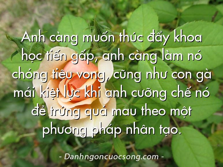 Anh càng muốn thúc đẩy khoa học tiến gấp, anh càng làm nó chóng tiêu vong, cũng như con gà mái kiệt lực khi anh cưỡng chế nó đẻ trứng quá mau theo một phương pháp nhân tạo.