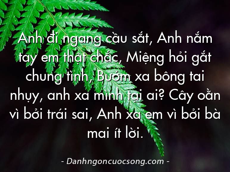 Anh đi ngang cầu sắt, Anh nắm tay em thật chắc, Miệng hỏi gắt chung tình, Bướm xa bông tai nhụy, anh xa mình tại ai? Cây oằn vì bởi trái sai, Anh xa em vì bởi bà mai ít lời.