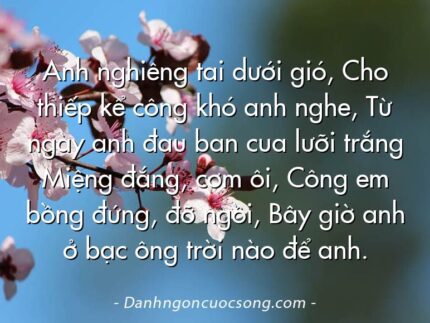 Anh nghiêng tai dưới gió, Cho thiếp kể công khó anh nghe, Từ ngày anh đau ban cua lưỡi trắng Miệng đắng, cơm ôi, Công em bồng đứng, đỡ ngồi, Bây giờ anh ở bạc ông trời nào để anh.