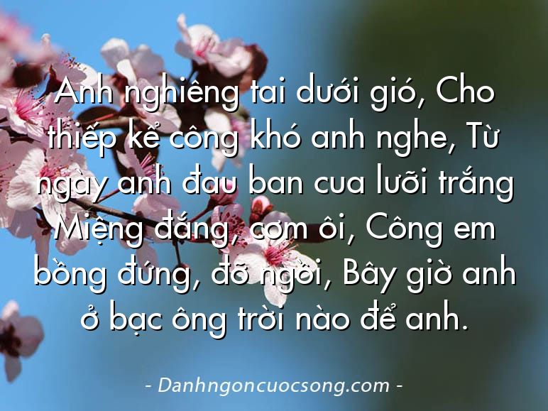 Anh nghiêng tai dưới gió, Cho thiếp kể công khó anh nghe, Từ ngày anh đau ban cua lưỡi trắng Miệng đắng, cơm ôi, Công em bồng đứng, đỡ ngồi, Bây giờ anh ở bạc ông trời nào để anh.