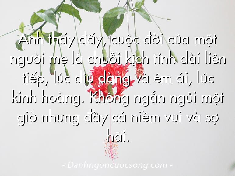 Anh thấy đấy, cuộc đời của một người mẹ là chuỗi kịch tính dài liên tiếp, lúc dịu dàng và êm ái, lúc kinh hoàng. Không ngắn ngủi một giờ nhưng đầy cả niềm vui và sợ hãi.