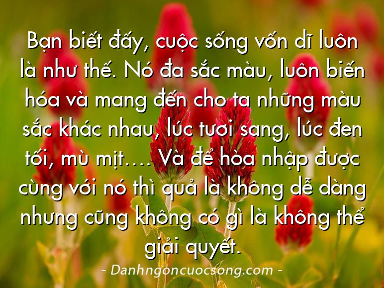 Bạn biết đấy, cuộc sống vốn dĩ luôn là như thế. Nó đa sắc màu, luôn biến hóa và mang đến cho ta những màu sắc khác nhau, lúc tươi sang, lúc đen tối, mù mịt…. Và để hòa nhập được cùng với nó thì quả là không dễ dàng nhưng cũng không có gì là không thể giải quyết.