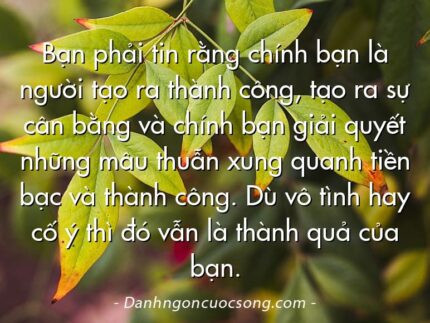 Bạn phải tin rằng chính bạn là người tạo ra thành công, tạo ra sự cân bằng và chính bạn giải quyết những mâu thuẫn xung quanh tiền bạc và thành công. Dù vô tình hay cố ý thì đó vẫn là thành quả của bạn.