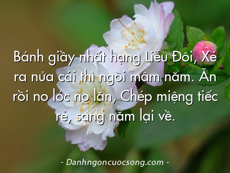 Bánh giầy nhất hạng Liễu Đôi, Xẻ ra nửa cái thì ngồi mâm năm. Ăn rồi no lóc no lăn, Chép miệng tiếc rẻ, sang năm lại về.