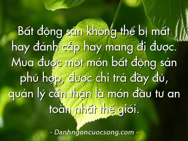 Bất động sản không thể bị mất hay đánh cắp hay mang đi được. Mua được một món bất động sản phú hợp, được chi trả đầy đủ, quản lý cẩn thận là món đầu tư an toàn nhất thế giới.