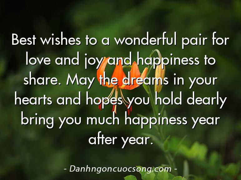 Best wishes to a wonderful pair for love and joy and happiness to share. May the dreams in your hearts and hopes you hold dearly bring you much happiness year after year.