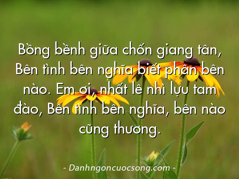 Bồng bềnh giữa chốn giang tân, Bên tình bên nghĩa biết phân bên nào. Em ơi, nhất lê nhì lựu tam đào, Bên tình bên nghĩa, bên nào cũng thương.