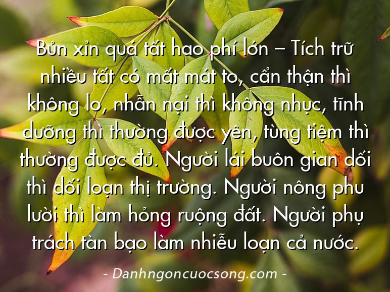 Bủn xỉn quá tất hao phí lớn – Tích trữ nhiều tất có mất mát to, cẩn thận thì không lo, nhẫn nại thì không nhục, tĩnh dưỡng thì thường được yên, tùng tiệm thì thường được đủ. Người lái buôn gian dối thì dối loạn thị trường. Người nông phu lười thì làm hỏng ruộng đất. Người phụ trách tàn bạo làm nhiễu loạn cả nước.