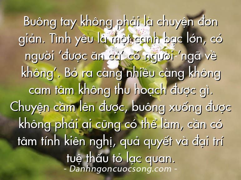 Buông tay không phải là chuyện đơn giản. Tình yêu là một canh bạc lớn, có người ‘được ăn cả’ có người ‘ngã về không’. Bỏ ra càng nhiều càng không cam tâm không thu hoạch được gì. Chuyện cầm lên được, buông xuống được không phải ai cũng có thể làm, cần có tâm tính kiên nghị, quả quyết và đại trí tuệ thấu tỏ lạc quan.
