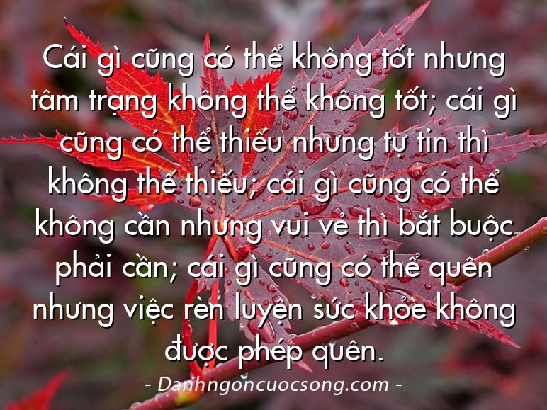 Cái gì cũng có thể không tốt nhưng tâm trạng không thể không tốt; cái gì cũng có thể thiếu nhưng tự tin thì không thế thiếu; cái gì cũng có thể không cần nhưng vui vẻ thì bắt buộc phải cần; cái gì cũng có thể quên nhưng việc rèn luyện sức khỏe không được phép quên.