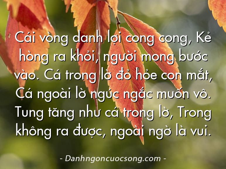 Cái vòng danh lợi cong cong, Kẻ hòng ra khỏi, người mong bước vào. Cá trong lờ đỏ hỏe con mắt, Cá ngoài lờ ngúc ngắc muốn vô. Tung tăng như cá trong lờ, Trong không ra được, ngoài ngờ là vui.