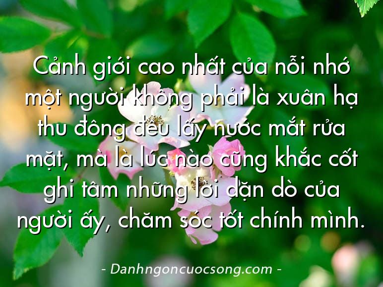 Cảnh giới cao nhất của nỗi nhớ một người không phải là xuân hạ thu đông đều lấy nước mắt rửa mặt, mà là lúc nào cũng khắc cốt ghi tâm những lời dặn dò của người ấy, chăm sóc tốt chính mình.