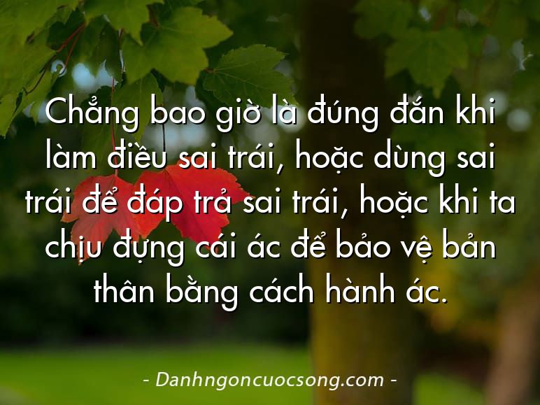 Chẳng bao giờ là đúng đắn khi làm điều sai trái, hoặc dùng sai trái để đáp trả sai trái, hoặc khi ta chịu đựng cái ác để bảo vệ bản thân bằng cách hành ác.