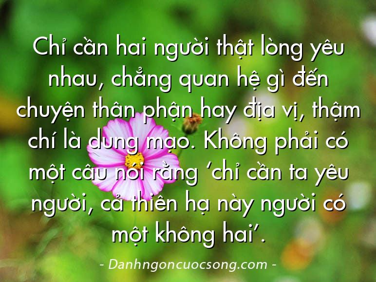 Chỉ cần hai người thật lòng yêu nhau, chẳng quan hệ gì đến chuyện thân phận hay địa vị, thậm chí là dung mạo. Không phải có một câu nói rằng ‘chỉ cần ta yêu người, cả thiên hạ này người có một không hai’.