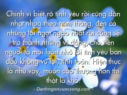 Chính vì biết rõ tình yêu rồi cũng dần nhạt nhoà theo năm tháng, đến cả những lời ngọt ngào nhất rồi cũng sẽ trở thành những vị đắng, cho nên người ta mới luôn nhớ tới tình yêu ban đầu không vụ lợi, tính toán. Hiện thực là như vậy, muốn cao thượng hơn thì thật là khó.