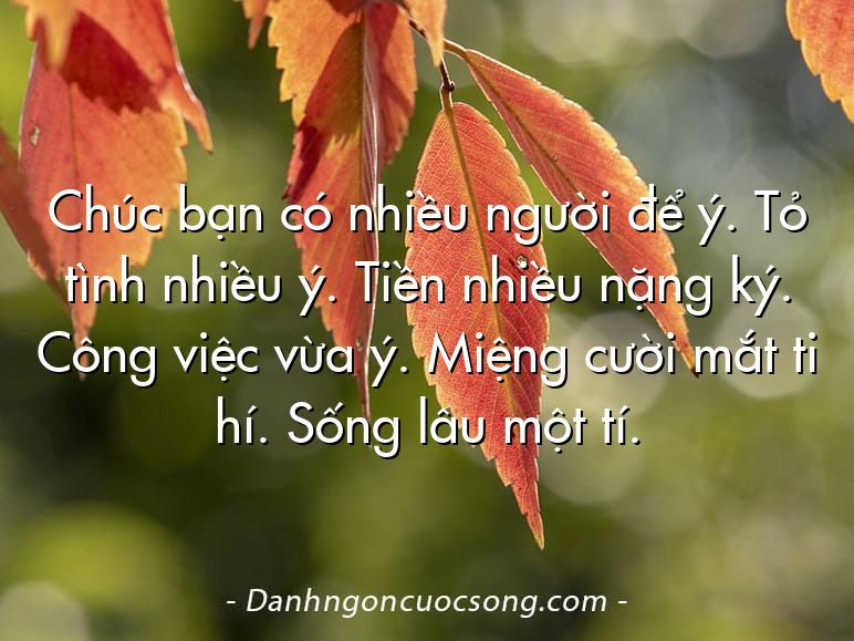 Chúc bạn có nhiều người để ý. Tỏ tình nhiều ý. Tiền nhiều nặng ký. Công việc vừa ý. Miệng cười mắt ti hí. Sống lâu một tí.