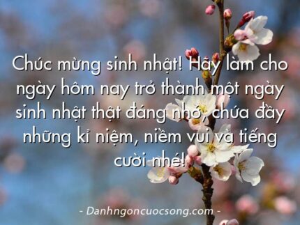 Chúc mừng sinh nhật! Hãy làm cho ngày hôm nay trở thành một ngày sinh nhật thật đáng nhớ, chứa đầy những kỉ niệm, niềm vui và tiếng cười nhé!