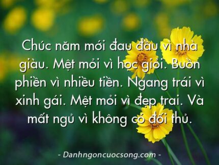 Chúc năm mới đau đầu vì nhà giàu. Mệt mỏi vì học giỏi. Buồn phiền vì nhiều tiền. Ngang trái vì xinh gái. Mệt mỏi vì đẹp trai. Và mất ngủ vì không có đối thủ.
