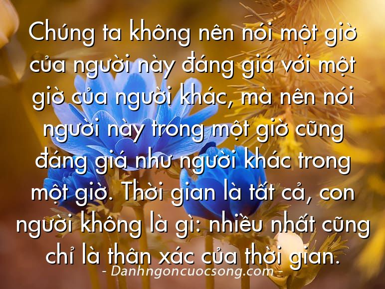 Chúng ta không nên nói một giờ của người này đáng giá với một giờ của người khác, mà nên nói người này trong một giờ cũng đáng giá như người khác trong một giờ. Thời gian là tất cả, con người không là gì: nhiều nhất cũng chỉ là thân xác của thời gian.