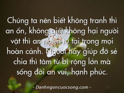 Chúng ta nên biết không tranh thì an ổn, không giết không hại người vật thì an nhiên tự tại trong mọi hoàn cảnh. Người hay giúp đỡ sẻ chia thì tâm từ bi rộng lớn mà sống đời an vui, hạnh phúc.