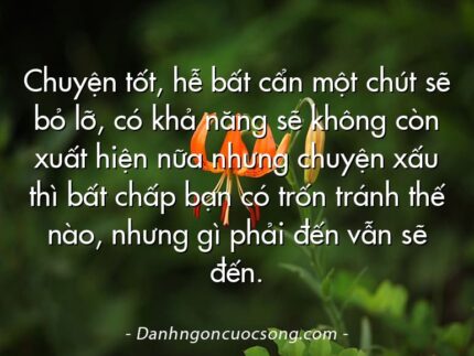 Chuyện tốt, hễ bất cẩn một chút sẽ bỏ lỡ, có khả năng sẽ không còn xuất hiện nữa nhưng chuyện xấu thì bất chấp bạn có trốn tránh thế nào, nhưng gì phải đến vẫn sẽ đến.