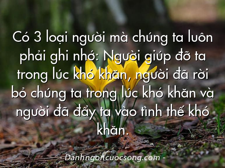Có 3 loại người mà chúng ta luôn phải ghi nhớ: Người giúp đỡ ta trong lúc khó khăn, người đã rời bỏ chúng ta trong lúc khó khăn và người đã đẩy ta vào tình thế khó khăn.