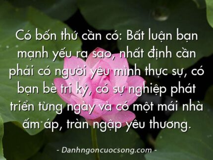 Có bốn thứ cần có: Bất luận bạn mạnh yếu ra sao, nhất định cần phải có người yêu mình thực sự, có bạn bè tri kỷ, có sự nghiệp phát triển từng ngày và có một mái nhà ấm áp, tràn ngập yêu thương.