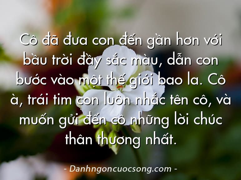 Cô đã đưa con đến gần hơn với bầu trời đầy sắc màu, dẫn con bước vào một thế giới bao la. Cô à, trái tim con luôn nhắc tên cô, và muốn gửi đến cô những lời chúc thân thương nhất.