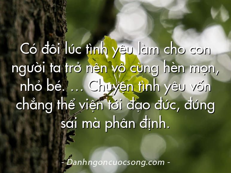 Có đôi lúc tình yêu làm cho con người ta trở nên vô cùng hèn mọn, nhỏ bé. … Chuyện tình yêu vốn chẳng thể viện tới đạo đức, đúng sai mà phân định.