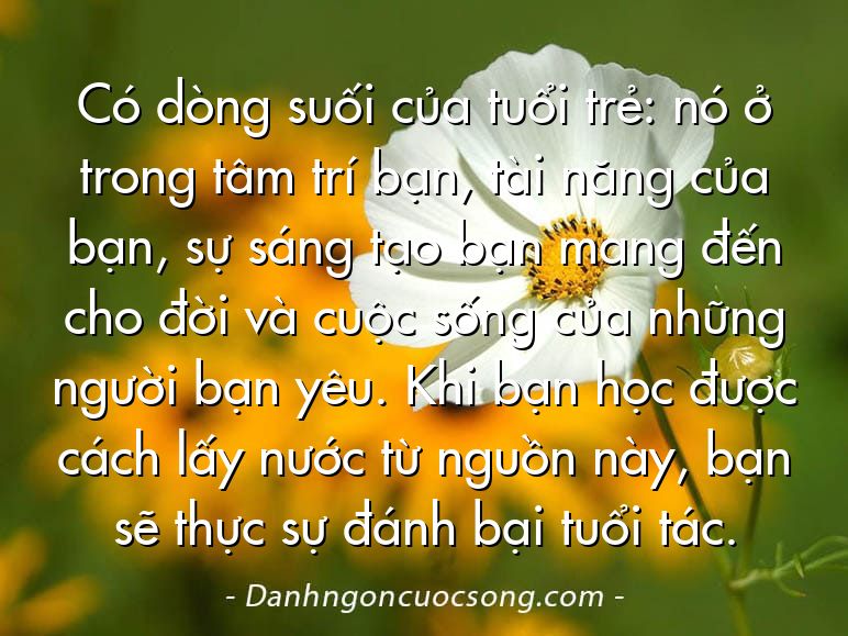Có dòng suối của tuổi trẻ: nó ở trong tâm trí bạn, tài năng của bạn, sự sáng tạo bạn mang đến cho đời và cuộc sống của những người bạn yêu. Khi bạn học được cách lấy nước từ nguồn này, bạn sẽ thực sự đánh bại tuổi tác.