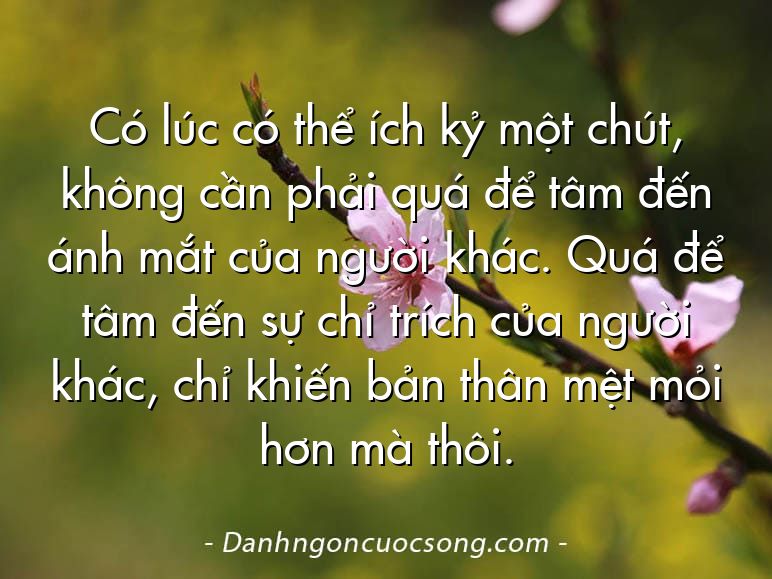 Có lúc có thể ích kỷ một chút, không cần phải quá để tâm đến ánh mắt của người khác. Quá để tâm đến sự chỉ trích của người khác, chỉ khiến bản thân mệt mỏi hơn mà thôi.