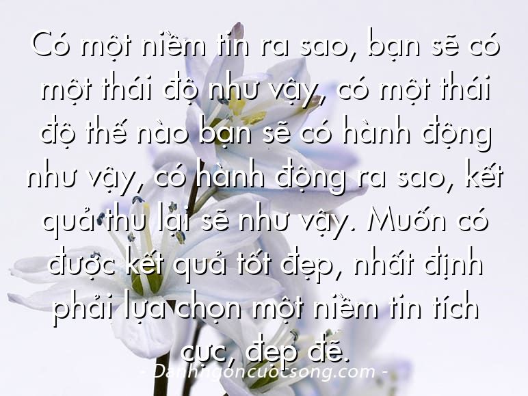 Có một niềm tin ra sao, bạn sẽ có một thái độ như vậy, có một thái độ thế nào bạn sẽ có hành động như vậy, có hành động ra sao, kết quả thu lại sẽ như vậy. Muốn có được kết quả tốt đẹp, nhất định phải lựa chọn một niềm tin tích cực, đẹp đẽ.