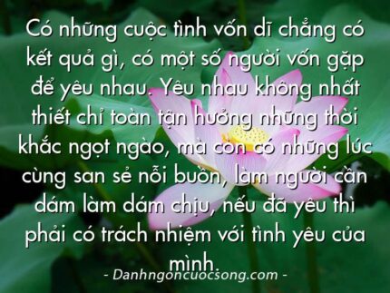 Có những cuộc tình vốn dĩ chẳng có kết quả gì, có một số người vốn gặp để yêu nhau. Yêu nhau không nhất thiết chỉ toàn tận hưởng những thời khắc ngọt ngào, mà còn có những lúc cùng san sẻ nỗi buồn, làm người cần dám làm dám chịu, nếu đã yêu thì phải có trách nhiệm với tình yêu của mình.