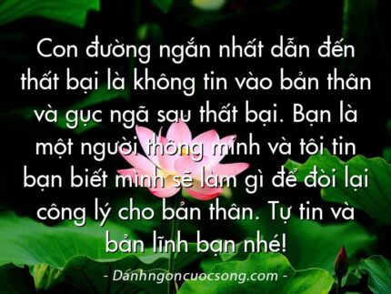 Con đường ngắn nhất dẫn đến thất bại là không tin vào bản thân và gục ngã sau thất bại. Bạn là một người thông minh và tôi tin bạn biết mình sẽ làm gì để đòi lại công lý cho bản thân. Tự tin và bản lĩnh bạn nhé!