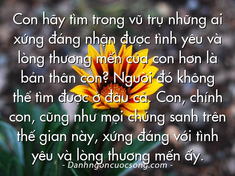 Con hãy tìm trong vũ trụ những ai xứng đáng nhận được tình yêu và lòng thương mến của con hơn là bản thân con? Người đó không thể tìm được ở đâu cả. Con, chính con, cũng như mọi chúng sanh trên thế gian này, xứng đáng với tình yêu và lòng thương mến ấy.
