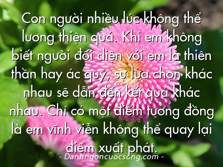 Con người nhiều lúc không thể lương thiện quá. Khi em không biết người đối diện với em là thiên thần hay ác quỷ, sự lựa chọn khác nhau sẽ dẫn đến kết quả khác nhau. Chỉ có một điểm tương đồng là em vĩnh viễn không thể quay lại điểm xuất phát.