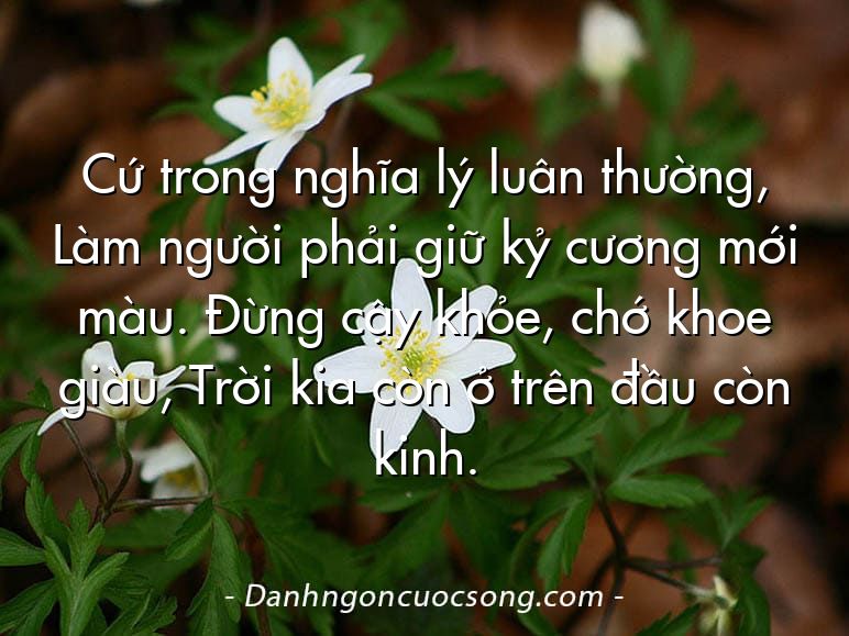 Cứ trong nghĩa lý luân thường, Làm người phải giữ kỷ cương mới màu. Đừng cậy khỏe, chớ khoe giàu, Trời kia còn ở trên đầu còn kinh.