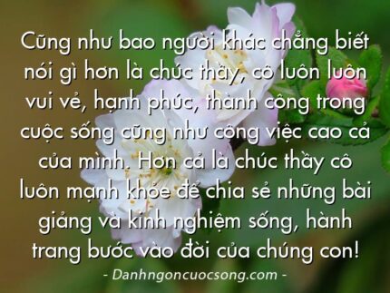 Cũng như bao người khác chẳng biết nói gì hơn là chúc thầy, cô luôn luôn vui vẻ, hạnh phúc, thành công trong cuộc sống cũng như công việc cao cả của mình. Hơn cả là chúc thầy cô luôn mạnh khỏe để chia sẻ những bài giảng và kinh nghiệm sống, hành trang bước vào đời của chúng con!