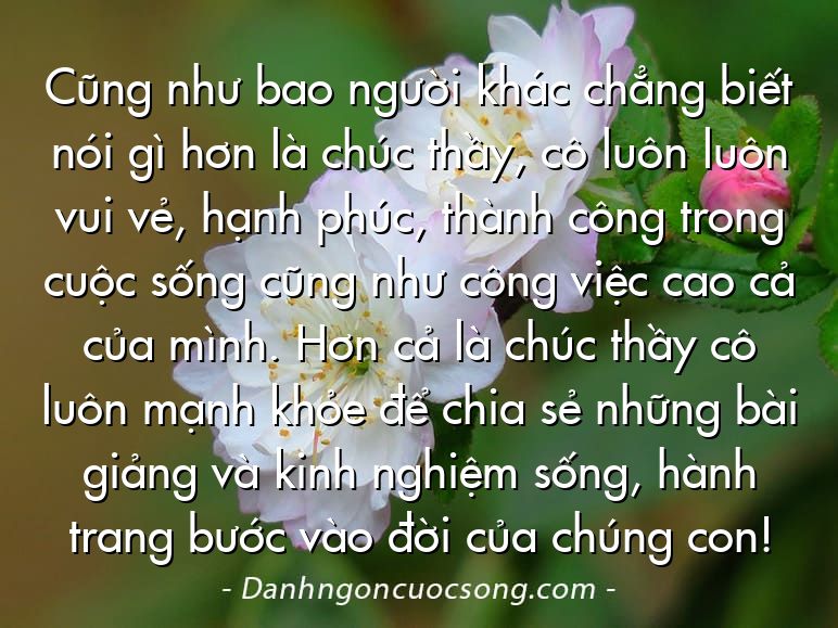 Cũng như bao người khác chẳng biết nói gì hơn là chúc thầy, cô luôn luôn vui vẻ, hạnh phúc, thành công trong cuộc sống cũng như công việc cao cả của mình. Hơn cả là chúc thầy cô luôn mạnh khỏe để chia sẻ những bài giảng và kinh nghiệm sống, hành trang bước vào đời của chúng con!