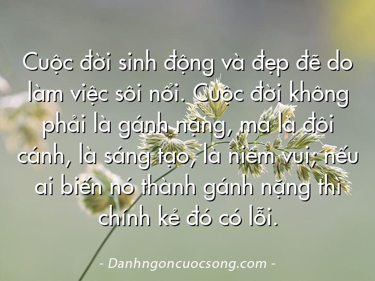 Cuộc đời sinh động và đẹp đẽ do làm việc sôi nổi. Cuộc đời không phải là gánh nặng, mà là đôi cánh, là sáng tạo, là niềm vui; nếu ai biến nó thành gánh nặng thì chính kẻ đó có lỗi.  
