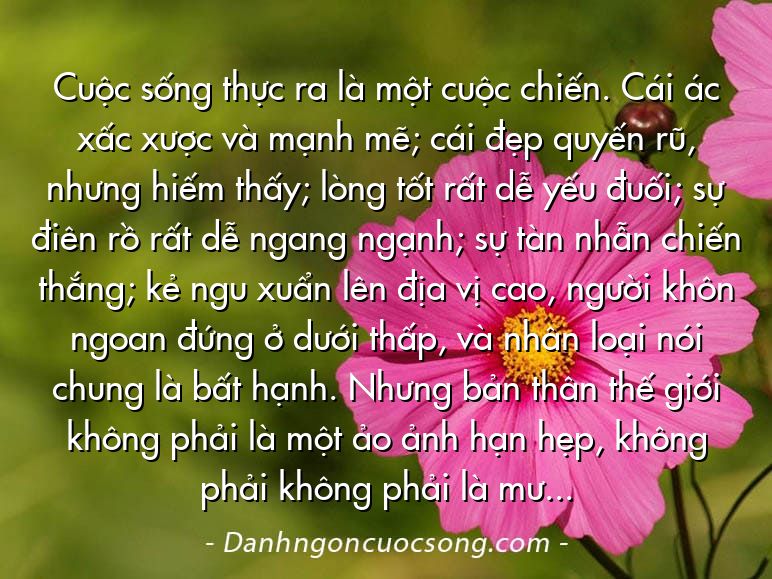 Cuộc sống thực ra là một cuộc chiến. Cái ác xấc xược và mạnh mẽ; cái đẹp quyến rũ, nhưng hiếm thấy; lòng tốt rất dễ yếu đuối; sự điên rồ rất dễ ngang ngạnh; sự tàn nhẫn chiến thắng; kẻ ngu xuẩn lên địa vị cao, người khôn ngoan đứng ở dưới thấp, và nhân loại nói chung là bất hạnh. Nhưng bản thân thế giới không phải là một ảo ảnh hạn hẹp, không phải không phải là mường tượng, không phải cơn ác mộng trong đêm; chúng ta thức tỉnh trước nó, vĩnh viễn; và ta không thể quên nó, hay phủ nhận nó, hay bỏ qua nó.