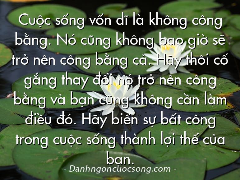 Cuộc sống vốn dĩ là không công bằng. Nó cũng không bao giờ sẽ trở nên công bằng cả. Hãy thôi cố gắng thay đổi nó trở nên công bằng và bạn cũng không cần làm điều đó. Hãy biến sự bất công trong cuộc sống thành lợi thế của bạn.