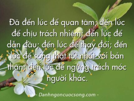 Đã đến lúc để quan tâm; đến lúc để chịu trách nhiệm; đến lúc để dẫn đầu; đến lúc để thay đổi; đến lúc để sống thật tốt nhất với bản thân; đến lúc để ngừng trách móc người khác.