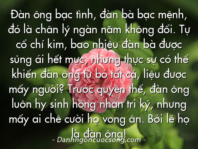 Đàn ông bạc tình, đàn bà bạc mệnh, đó là chân lý ngàn năm không đổi. Tự cổ chí kim, bao nhiêu đàn bà được sủng ái hết mực, nhưng thực sự có thể khiến đàn ông từ bỏ tất cả, liệu được mấy người? Trước quyền thế, đàn ông luôn hy sinh hồng nhan tri kỷ, nhưng mấy ai chê cười họ vong ân. Bởi lẽ họ là đàn ông!