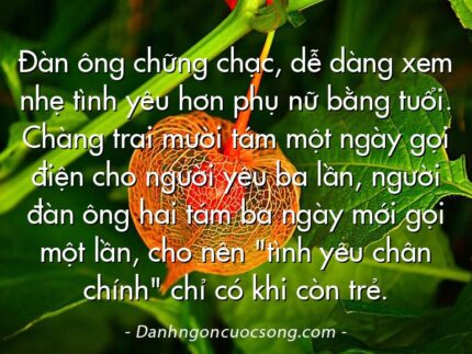 Đàn ông chững chạc, dễ dàng xem nhẹ tình yêu hơn phụ nữ bằng tuổi. Chàng trai mười tám một ngày gọi điện cho người yêu ba lần, người đàn ông hai tám ba ngày mới gọi một lần, cho nên "tình yêu chân chính" chỉ có khi còn trẻ.