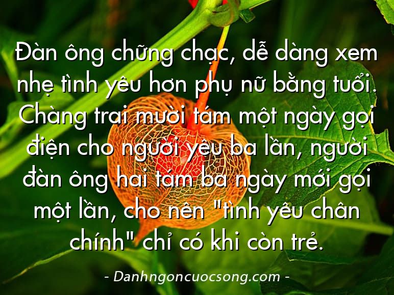 Đàn ông chững chạc, dễ dàng xem nhẹ tình yêu hơn phụ nữ bằng tuổi. Chàng trai mười tám một ngày gọi điện cho người yêu ba lần, người đàn ông hai tám ba ngày mới gọi một lần, cho nên "tình yêu chân chính" chỉ có khi còn trẻ.