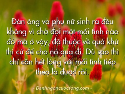 Đàn ông và phụ nữ sinh ra đều không vì chờ đợi một mối tình nào đó mà ở vậy, đã thuộc về quá khứ thì cứ để cho nó qua đi. Dù sao thì chỉ cần hết lòng với mối tình tiếp theo là được rồi.